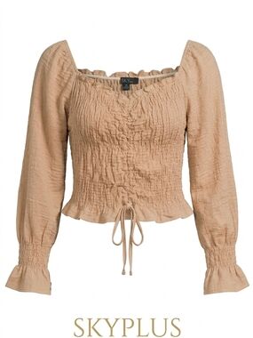 SKY Plus 2X Nude/Beige Smocked Long Sleeve Top - Boho Peasant Blouse